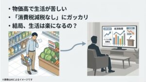 スーパーで高い野菜を前に溜息をつく男性と、テレビの経済ニュースを深刻な面持ちで見る人のスライド