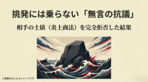 荒波の中に立つ巨大な岩のイラストで、相手の炎上商法や挑発を完全に拒否し、不動の姿勢を貫く「無言の抗議」を象徴した画像