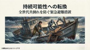「JAPAN」と書かれた浸水する古い木造船で、若い男性とロボットが協力して水を汲み出し、船を修理している必死な様子のイラスト