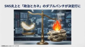 燃える札束と羽を天秤にかけ、SNSでの炎上と金銭スキャンダルが同時に直撃したことを象徴するイメージ画像