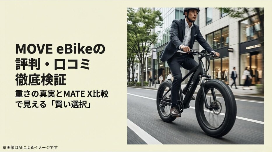 スーツ姿でMOVE eBikeを颯爽と乗りこなす男性と、評判・口コミを検証するタイトルのアイキャッチ画像
