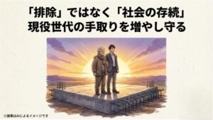 夕日を背景に、コンクリートの強固な土台の上に立つ若い男性と高齢男性。社会の持続可能性を象徴する前向きなイメージ