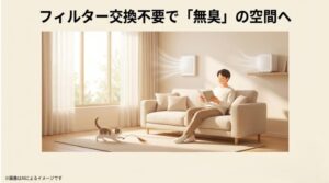 リビングで猫とくつろぐ男性の背後でブルーデオが稼働している風景
