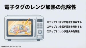 電子レンジ内でタグの金属が火花を散らすイラストと、水分・金属による発火ステップを説明するスライド