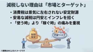 「財政安定」の重りと「円安リスク」が天秤にかけられ、減税が経済の不安定化を招く可能性を示す図解
