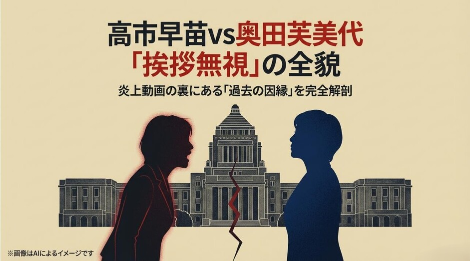 国会議事堂を背景に、高市早苗首相と奥田芙美代氏のシルエットが対峙し、中央に亀裂が入った「挨拶無視」の全貌を解説するアイキャッチ画像