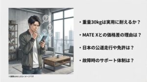 スマートフォンを見ながら、車体重量やMATE Xとの価格差、サポート体制について悩む男性のイラストスライド