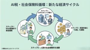 ステップ1から4まで、AIの利益が税金（AI税）となり、人間の社会保険料減額に回る循環を示すインフォグラフィック
