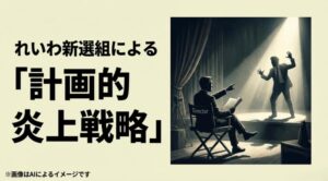 監督席から指示を出すディレクターと舞台上で演技をする人物のシルエットで、政治的な炎上演出を表現したスライド