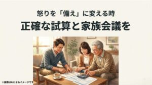 家族三世代がリビングのテーブルを囲み、電卓や書類を見ながら真剣かつ穏やかに将来のライフプランを相談している様子