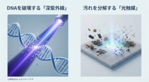 ウイルスのDNAを破壊する深紫外線のイメージと、汚れを分解する光触媒の仕組みの図解