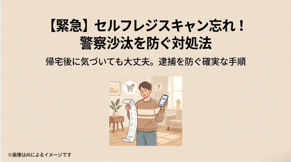 セルフレジでのスキャン忘れに焦る男性のイラストと、警察沙汰を防ぐ対処法を伝えるタイトルのアイキャッチ画像