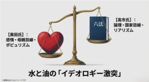 天秤の左側に「ハート（感情・母親目線）」、右側に「六法（論理・国家目線）」が載り、奥田氏と高市氏の相容れないイデオロギー激突を表現したスライド