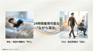 スーツの下にTOJIを着用して颯爽と歩く男性と、デスクで疲弊する男性を比較した「ながら湯治」のイメージ