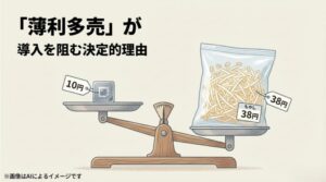 天秤を用いたイラストで、10円のタグ代が低価格な商品の利益を圧迫する様子を表現したスライド
