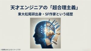人間の頭脳の中に数式やニューラルネットワーク、そしてペンや本が融合した、エンジニアと作家の顔を併せ持つイメージ画像