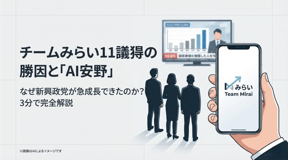新興政党「チームみらい」が11議席を獲得した理由とAI安野について3分で解説するスライドのタイトル画面