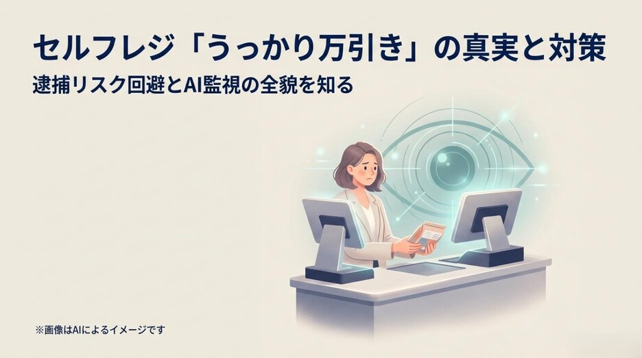 セルフレジで商品を手に取る女性と、その背後に浮かび上がるAI監視の目を象徴するアイキャッチ画像