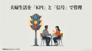 カフェで談笑する夫婦の横に大きな信号機が配置され、KPIと信号で生活を管理する様子を表現したイラスト