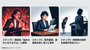 奥田氏の「血まみれ」発言、首相の冷静な答弁、そして降壇時の挨拶スルーという3つのステップで騒動の流れを解説したイラスト図解スライド
