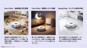 高性能なFreo Z Ultra、コスパのX Ultra、キッチン特化のFlowの各モデルの特徴を比較したイメージ