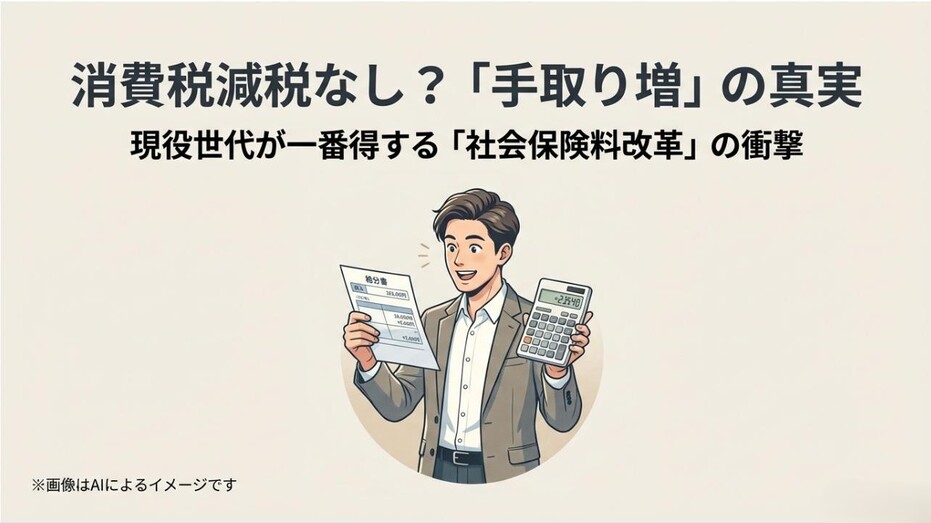 給与明細と電卓を手に持ち、手取りが増えることに喜ぶ男性のイラスト