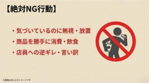 未精算に気づきながら無視することや商品の消費、店員への逆ギレを禁止するマークが描かれたスライド