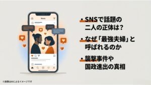 スマートフォンの画面内に描かれた安野夫妻のイラストと、SNSでの反響や襲撃事件・国政進出などのキーワードが並ぶスライド