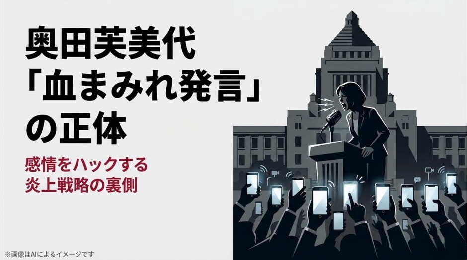 「血まみれ発言」の正体と感情をハックする炎上戦略の裏側を解説する、奥田芙美代氏の騒動に関するアイキャッチ画像