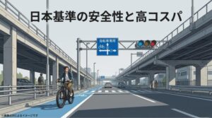 日本の公道基準をクリアし、自転車専用道路を安全に走行できることを示すイラストスライド