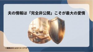 暖かい食卓の風景と家族を守る盾が描かれ、夫の情報を秘匿することが家族への愛情表現であることを示すスライド