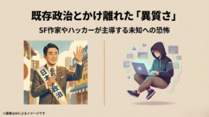 既存政治とは異なる異質さや、SF作家・ハッカーによる主導がもたらす未知への恐怖を説明するスライド