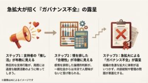 支持者の活動が布教に見える、合理性が冷徹に見える、内部統制が追いつかないといったガバナンスの問題を解説するスライド