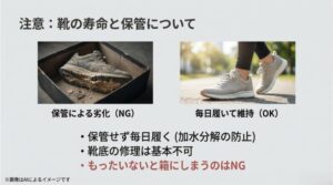 箱に入れて保管してボロボロになった靴(NG例)と、毎日履くことで状態を維持している靴(OK例)を比較した注意喚起スライド