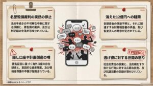 裁判の中断、消えた12億円、隠し口座の噂、世間の怒りという4つのトピックをまとめたスマホ風のイラストスライド