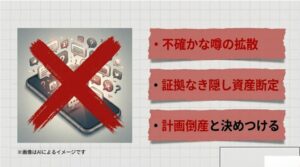 スマートフォンに大きな赤いバツ印が表示され、証拠なき隠し資産の断定や不確かな噂の拡散を控えるよう促す警告イメージ
