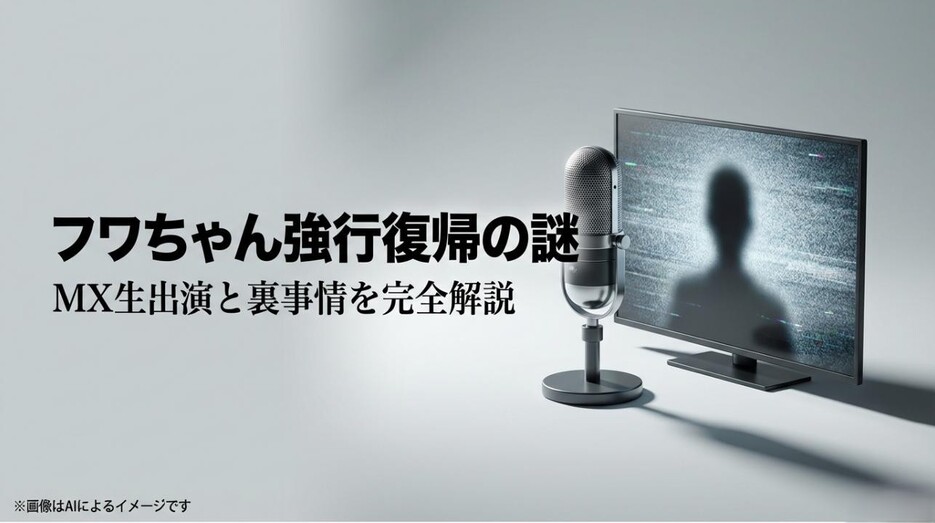 テレビモニターに映るシルエットとマイクのイラストに「フワちゃん強行復帰の謎」という文字が添えられたアイキャッチ画像