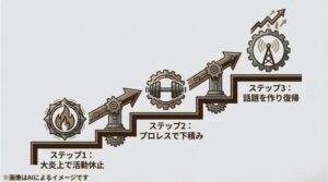 炎上・活動休止、プロレスでの下積み、話題作りによる復帰という3つのステップを階段状に示した戦略図