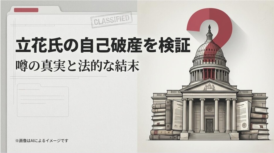 「立花氏の自己破産を検証 噂の真実と法的な結末」と書かれた、機密書類のようなデザインのタイトルスライド