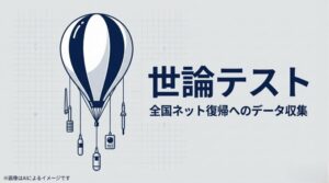 「世論テスト」「全国ネット復帰へのデータ収集」と書かれた、戦略的意図を示すスライド