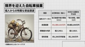 限界を迎えた自転車操業を象徴するパンクした自転車と、立花氏個人および党の負債・債権者・資産額を比較した詳細なデータ表
