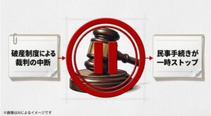 破産制度によって民事手続きが一時ストップすることを示す、裁判のハンマー（ガベル）が止まっているイメージ図