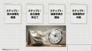 3月3日の党休眠発表から、3月11日の破産手続き開始決定、そして民事裁判の中断に至るまでの流れをカレンダー形式でまとめたスライド