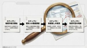 破産手続き開始から管財人の調査、財産隠しの発見、免責可否の判断までの流れを説明するフローチャート