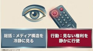 テレビの電源をオフにするイメージと共に、メディア構造を冷静に見つめ「見ない権利」を行使することを促す終幕スライド