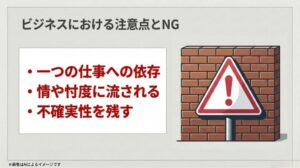 警告マークと共に「一つの仕事への依存」「忖度に流される」など、ビジネスで避けるべき注意点が書かれたスライド