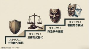 天秤と木槌、盾のアイコンと共に、不合理への抵抗、法律という武器、政治家の仮面、客観的視点へと至る橋下徹の思考の歩みを解説したスライド