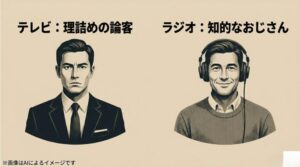 厳しい表情のスーツ姿と、ヘッドホンをして微笑むセーター姿の比較イラスト