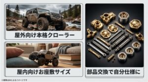 屋外向け、屋内向けモデルの比較と、交換用のゴールド・シルバーのカスタムパーツが並んだ魅力的なスライド