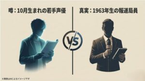 10月生まれの若手声優という「噂」のシルエットと、1963年生まれの報道局員という「真実」の人物像を対比させたイラスト